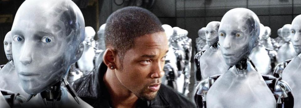 I, Robot with Will Smith and all the robots and the one who becomes sentient looking right at the camera 