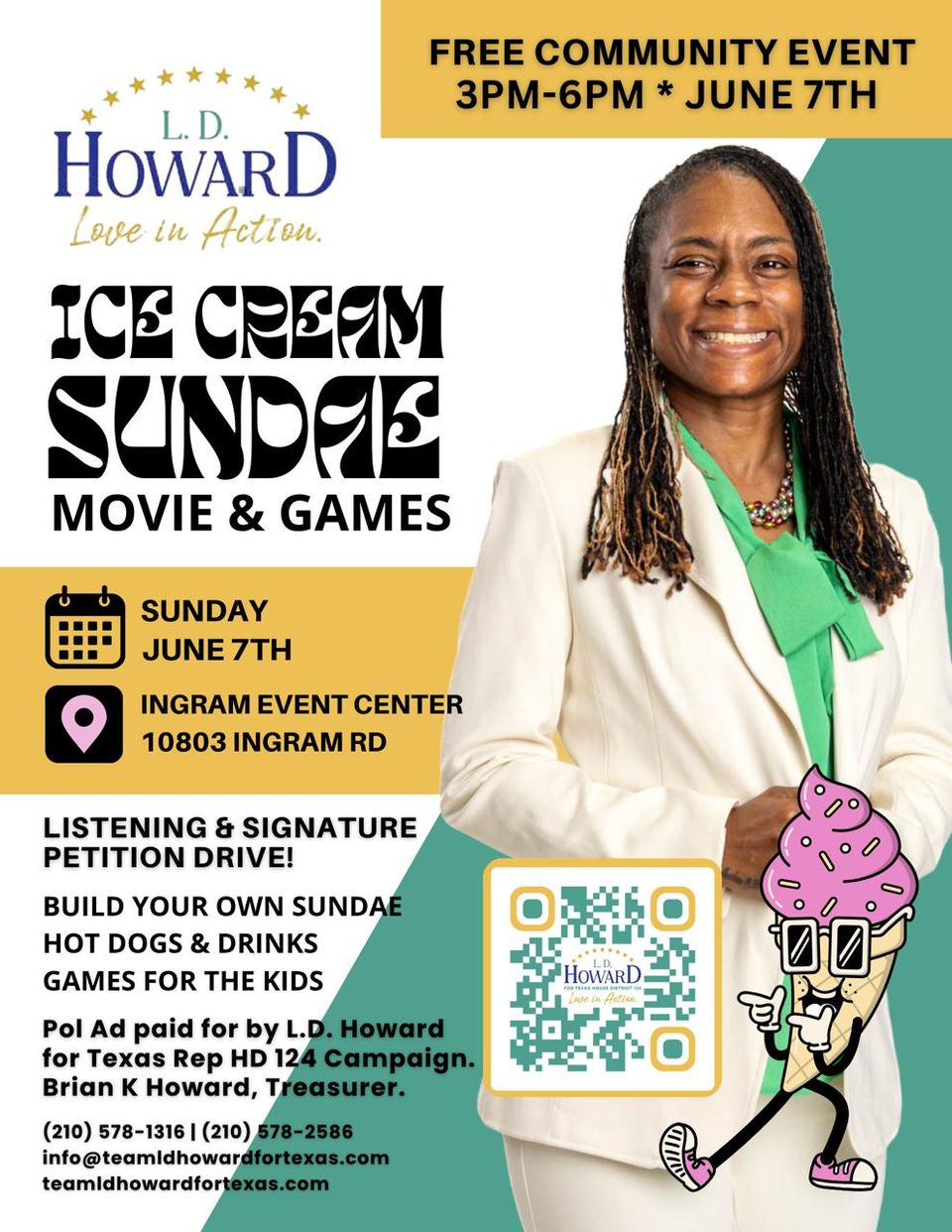 Event Flyer that contains the same information that's in the associated post and shows Ms. Howard and a cartoon ice cream cone on the front.