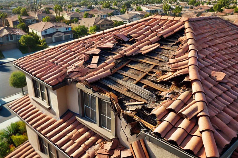 Dall·e 2024 11 04 20.31.02   a high resolution photo showing the close up of a damaged roof on a residential house  focusing on common roofing issues like cracked and missing tile