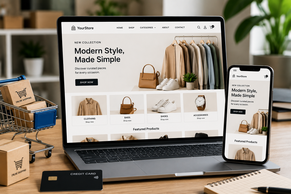 Laptop and mobile phone displaying a modern eCommerce online store with products, shopping cart, and mobile shopping experience