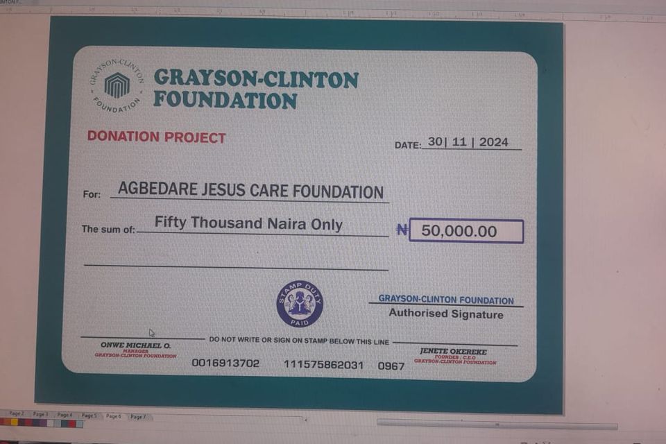 Donation cheque   agbedare jesus care foundation