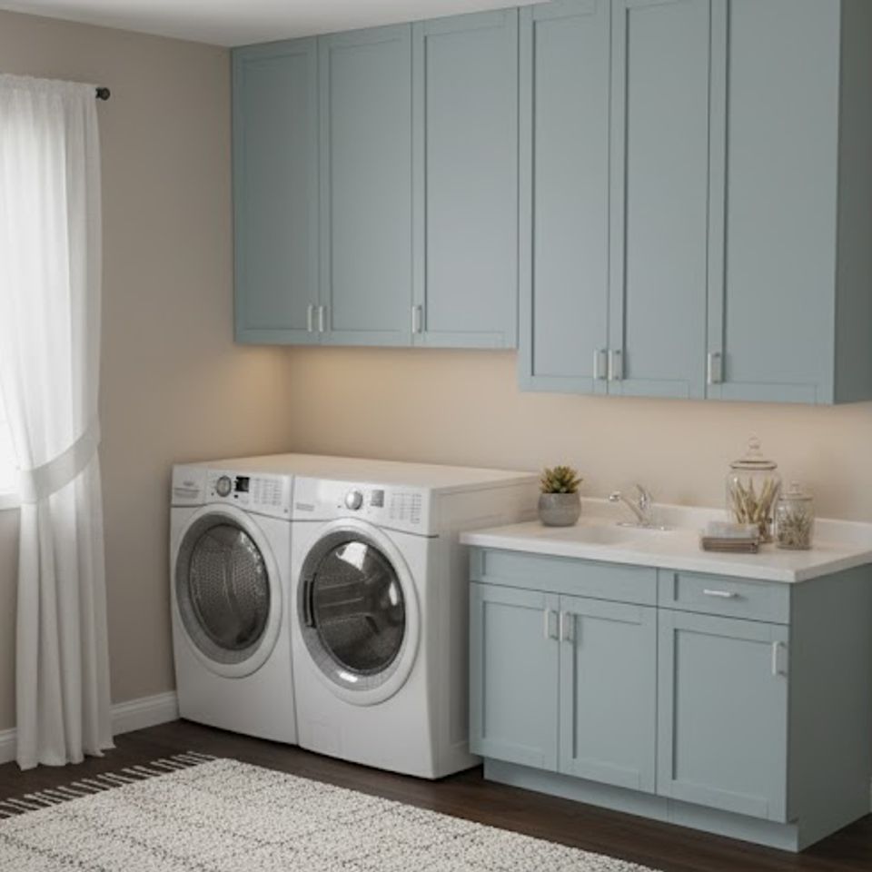 Laundry room painted cabinets