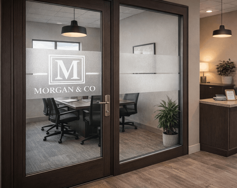 Custom frosted logo window film applied to office glass door and conference room in Sugar Land, TX