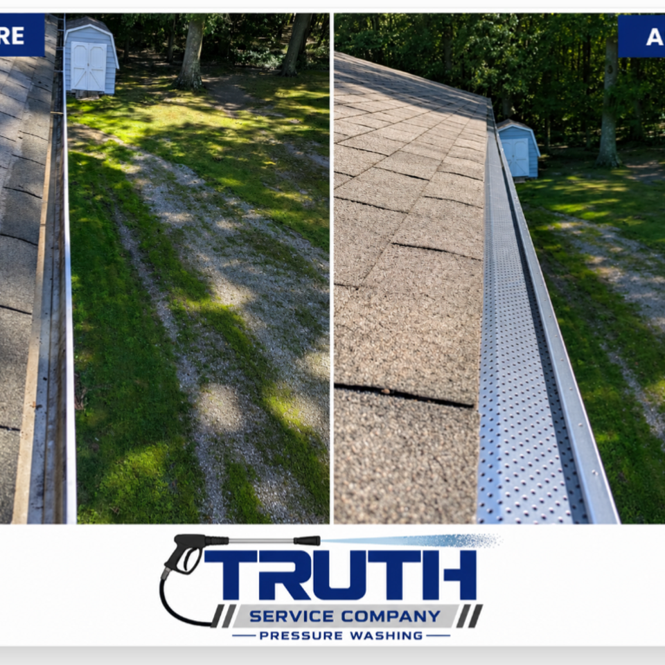 Before and after photos showing a roof edge with and without a gutter guard.