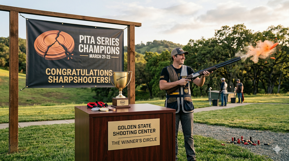 Clay target shooting trophy and winner at Golden State Shooting Center PITA Series tournament in Rio Oso California
