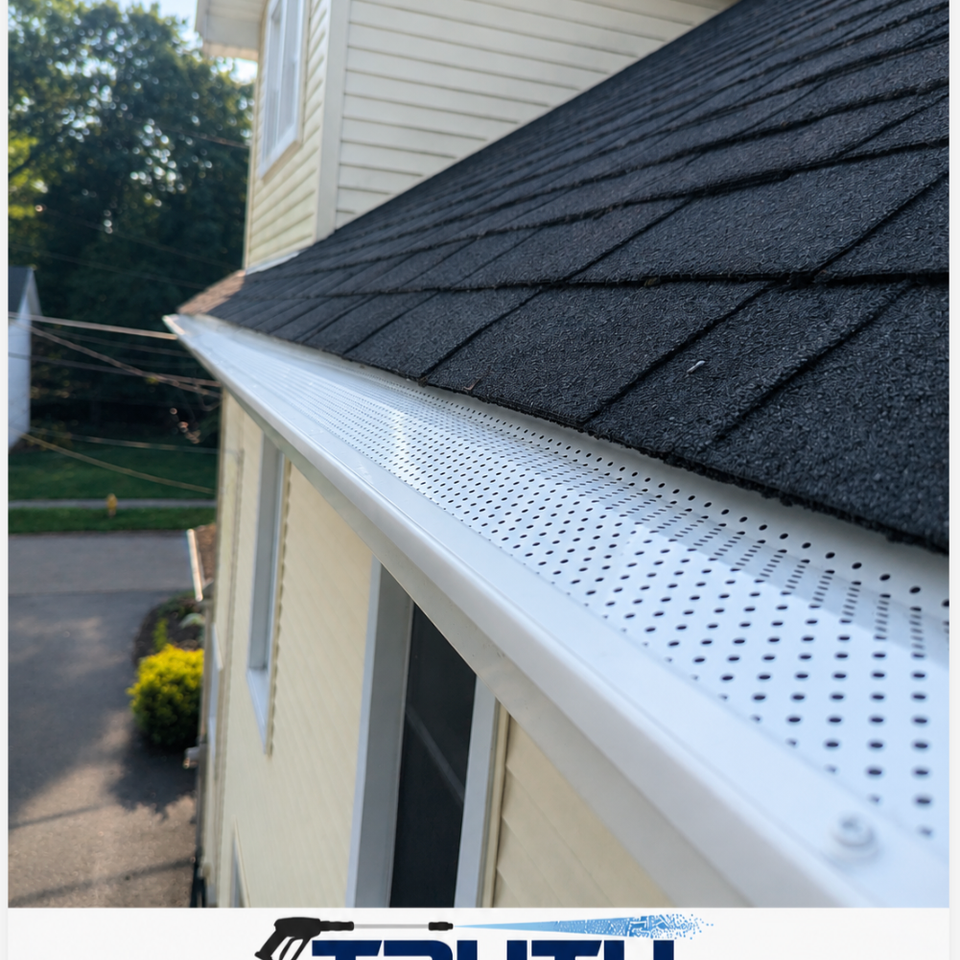 Close-up of a gutter guard installed along the edge of a roof.