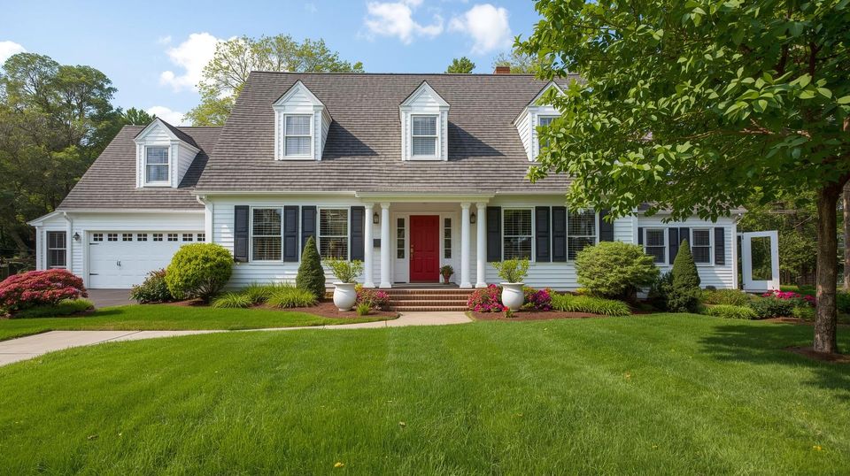 Beautiful front yard lawn with new england style cape cod home. (1)