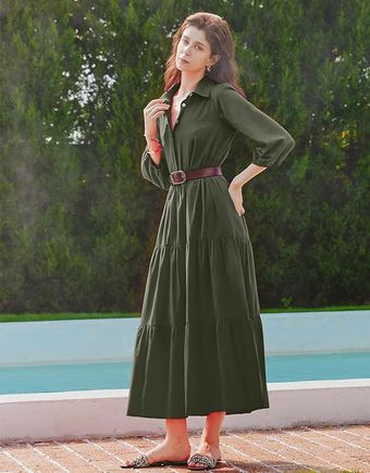 Flowy v neck maxi shirt dress – lightweight  ruffled   pocket friendly for effortless style dark green