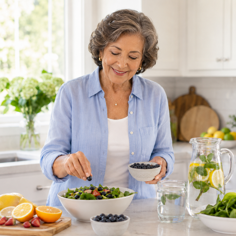 Older woman preparing a healthy meal with fresh fruits and vegetables in a bright kitchen