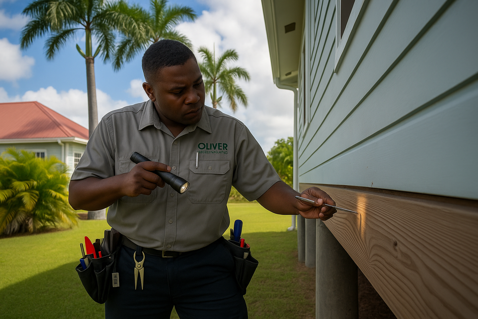 Professional termite inspector examining wooden structures in St. Croix home