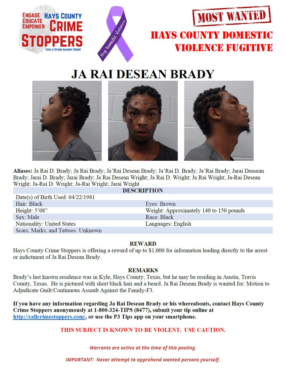 Brady most wanted poster