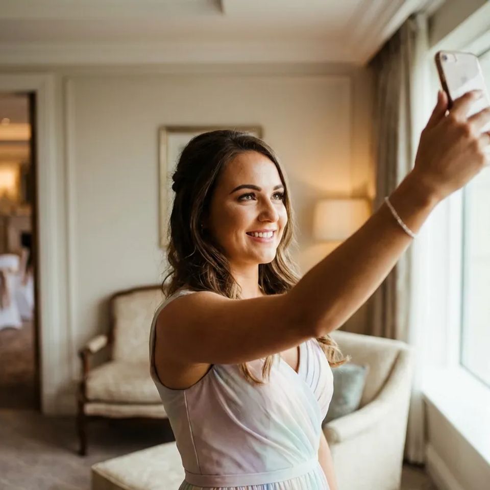 Happy bridesmaid taking a selfie in natural window light showing off her long-lasting professional wedding makeup