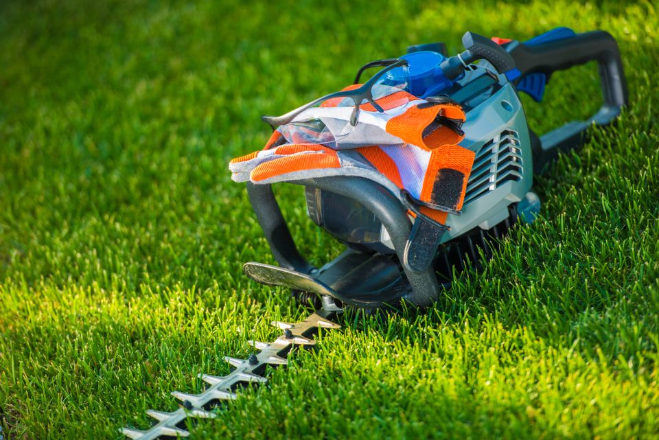 Hedge Trimmer with Safety Accessories. Gloves and Safety Glasses