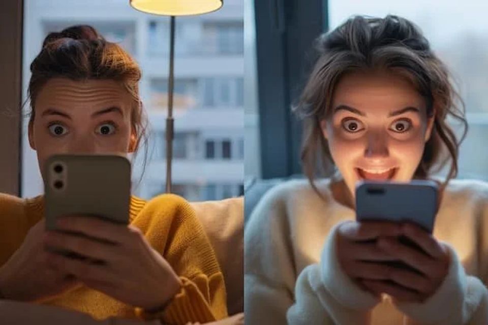 Split screen of a person looking at their phone in the shadows and then on the other screen brightly lit up with a smile on their face 