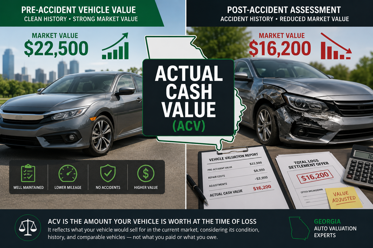 Actual Cash Value in Georgia showing pre accident vehicle value compared to post accident assessment