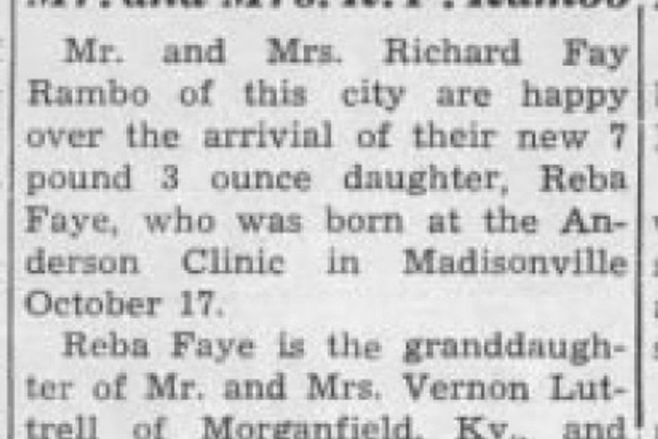 1951 reba rambo birth announcement