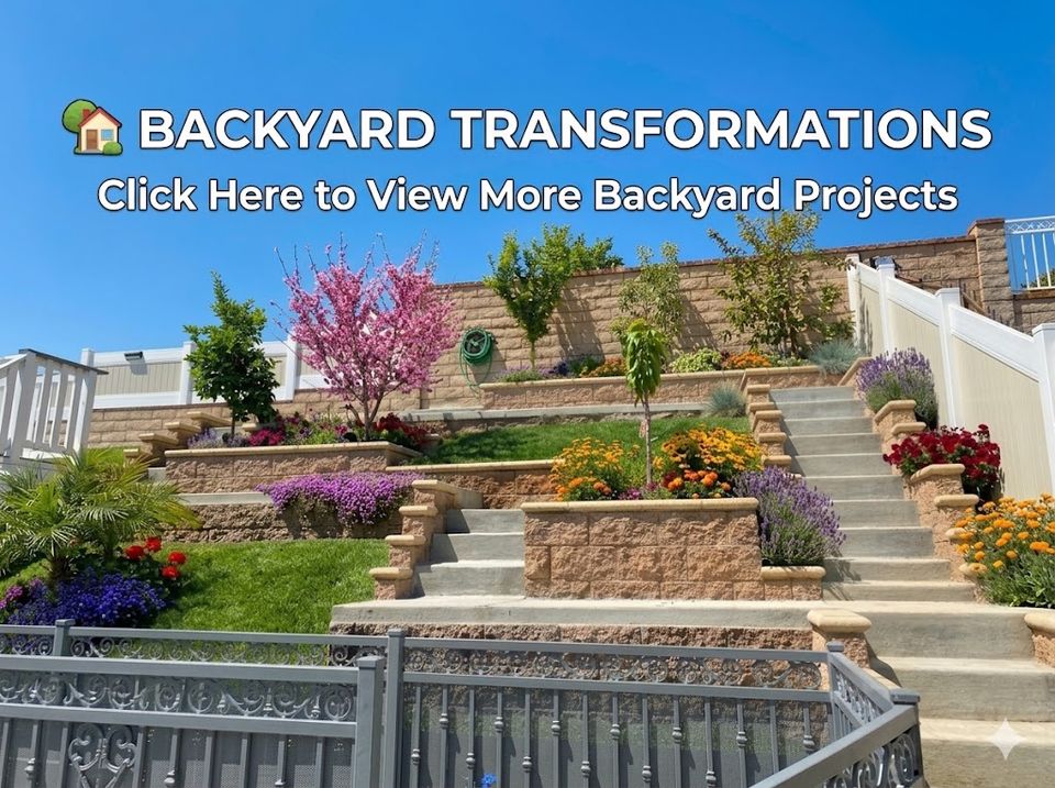Backyard transformation project with retaining walls, concrete stairs, planter walls, and landscape hardscape design