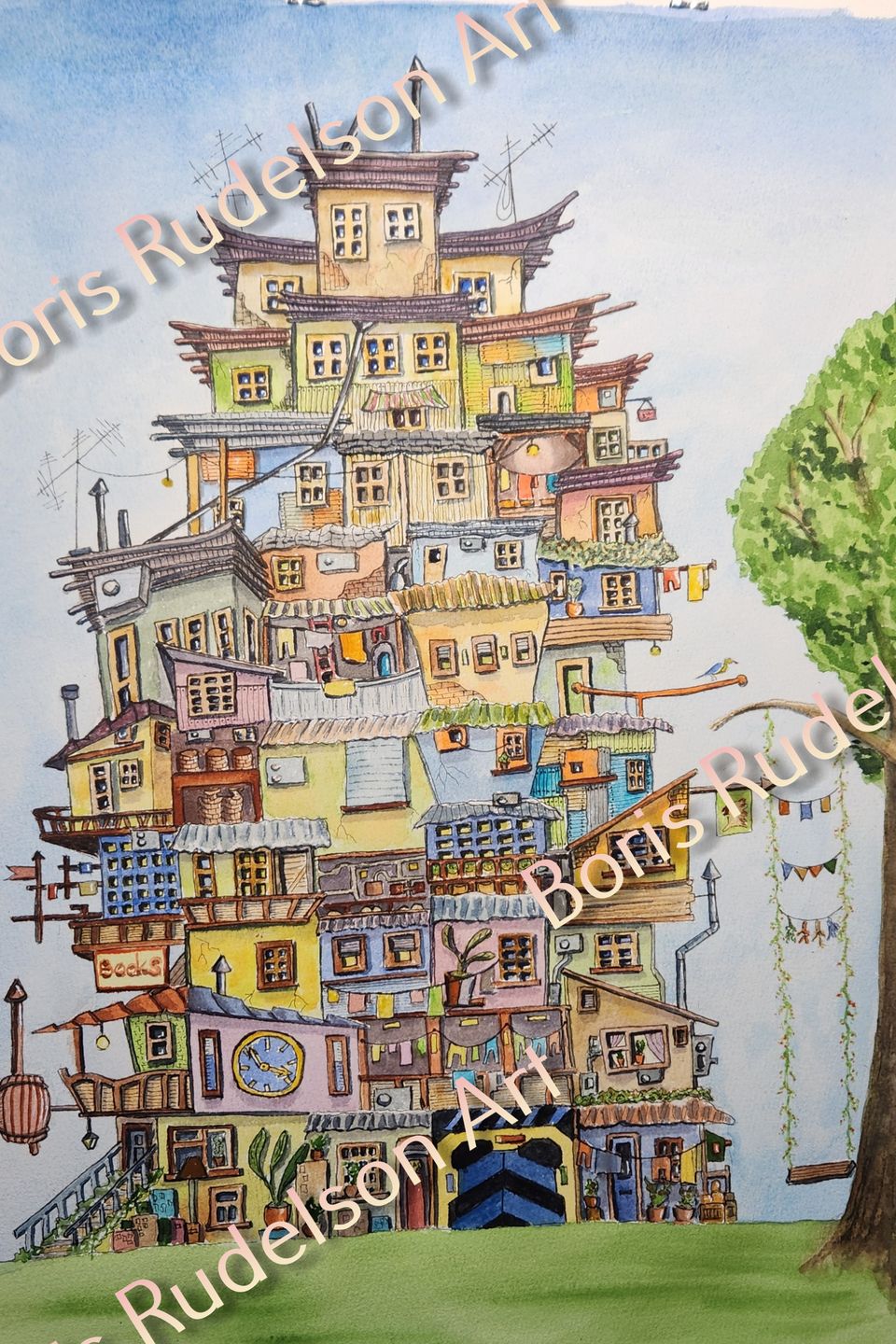 Skyscraper. Watercolor and markers