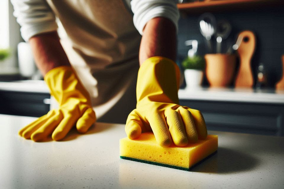 A person wearing yellow rubber gloves carefully wiping a kitchen countertop with a sponge.