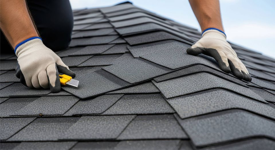 Roofing installer working on shingle installation for Media Construction in Spring, TX