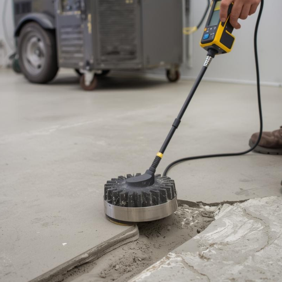 Worker using a surface machine on a concrete floor during surface preparation.
