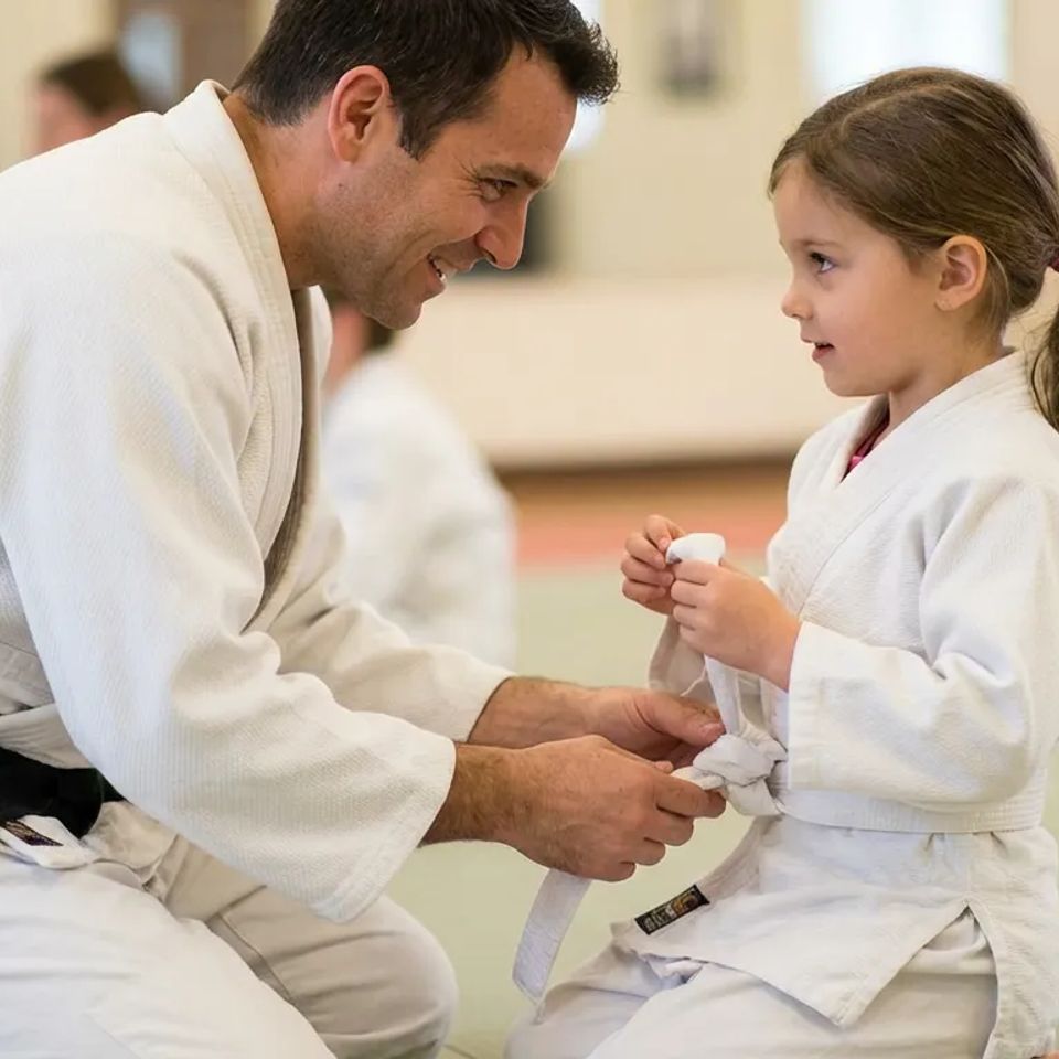 Friendly martial arts instructor smiling while helping a young girl tie her white belt before a beginner children's judo class.