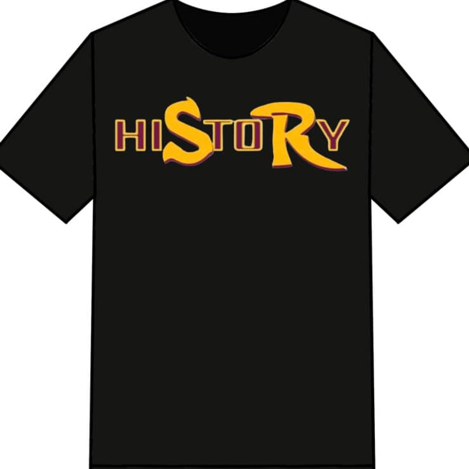 Black T-shirt mockup displaying the word "History" in stylized gold and maroon lettering.
