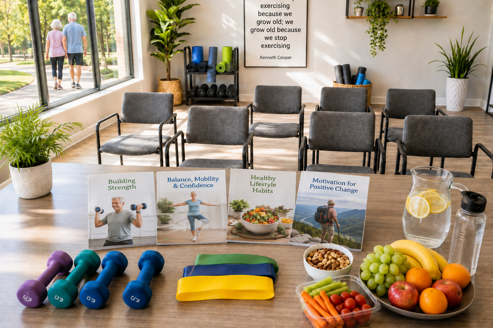 Wellness workshop table set with exercise equipment, fresh foods, water, and presentation materials