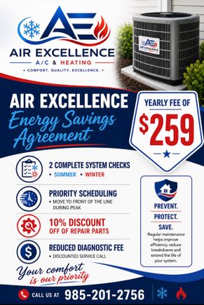 Flyer for Air Excellence Energy Savings Agreement offering annual HVAC maintenance for $259 per year.