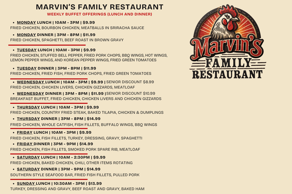 Marvin's daily buffet lineup  (website)