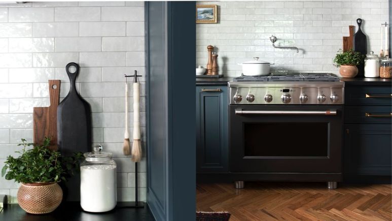 Kitchen dark blue cabinets stainless steel range acc1 dp18 208083