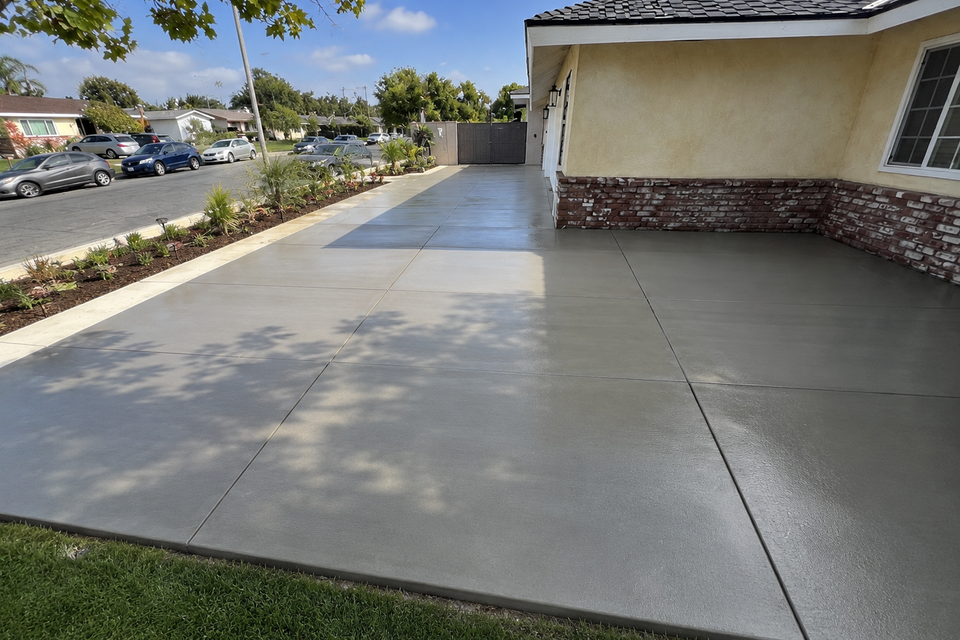 Newly finished concrete driveway with smooth surface and control joints in Orange County