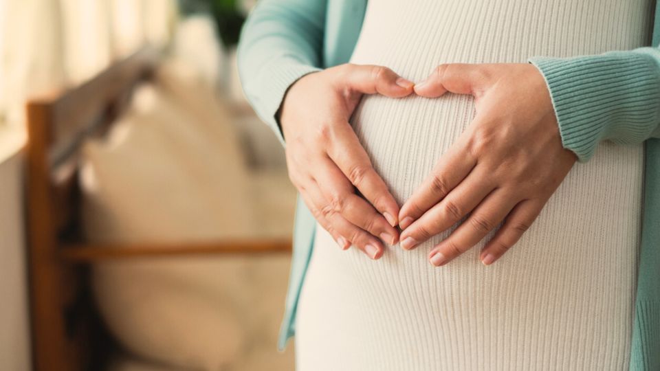 Pregnant woman holding her belly during prenatal pelvic therapy consultation