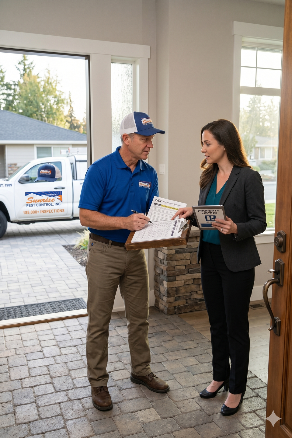 Sunrise Pest Control WDO inspection report and Section 1 clearance being provided to a Carmichael Realtor for escrow closing.