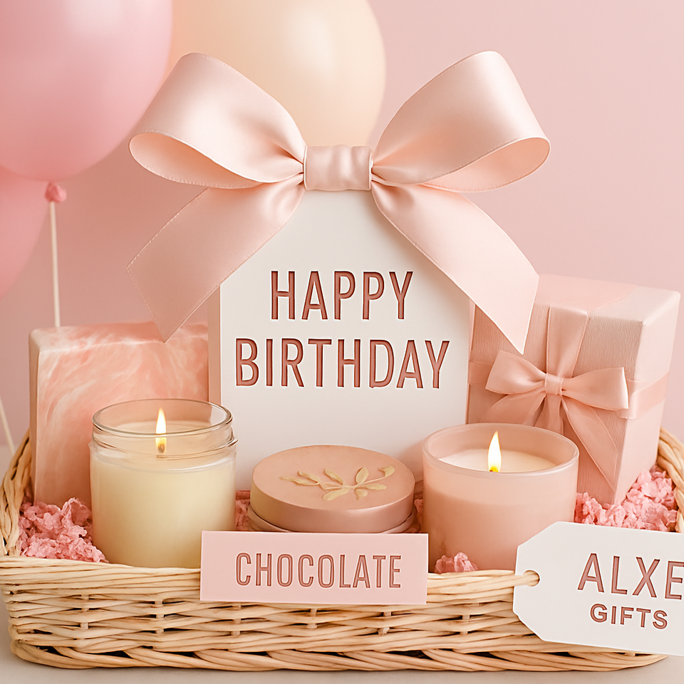 Birthday gift basket in pink colors