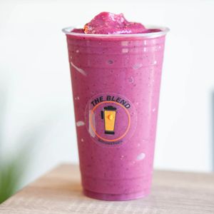 Rizzberry smoothie made with mixed berry juice, strawberries, blueberries, frozen yogurt, and raspberry sherbet.