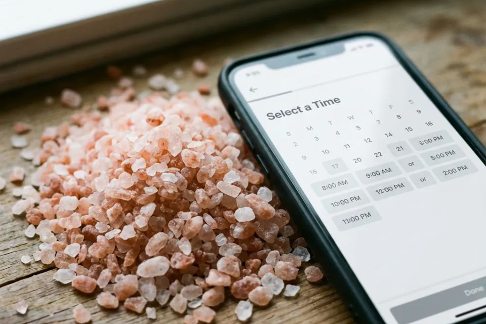 Mobile phone displaying easy online appointment scheduling screen next to pink Himalayan salt