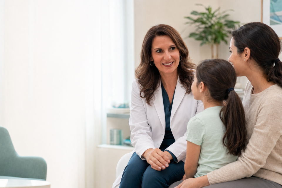 Allergist talking with a young patient and her mother