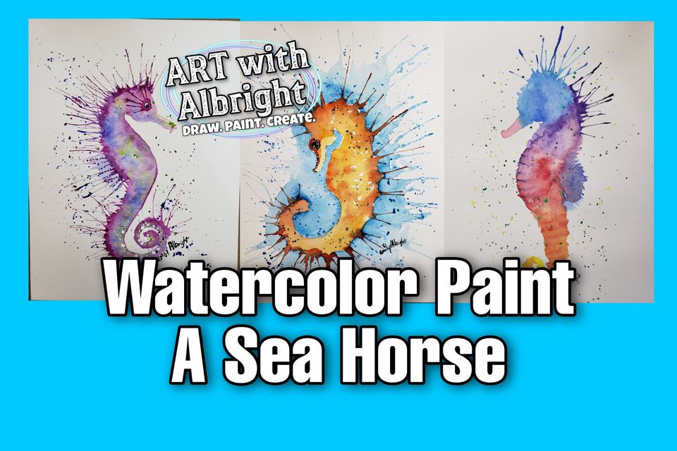 Sea Horse watercolor spikes and splatter paint by artist Emily Albright