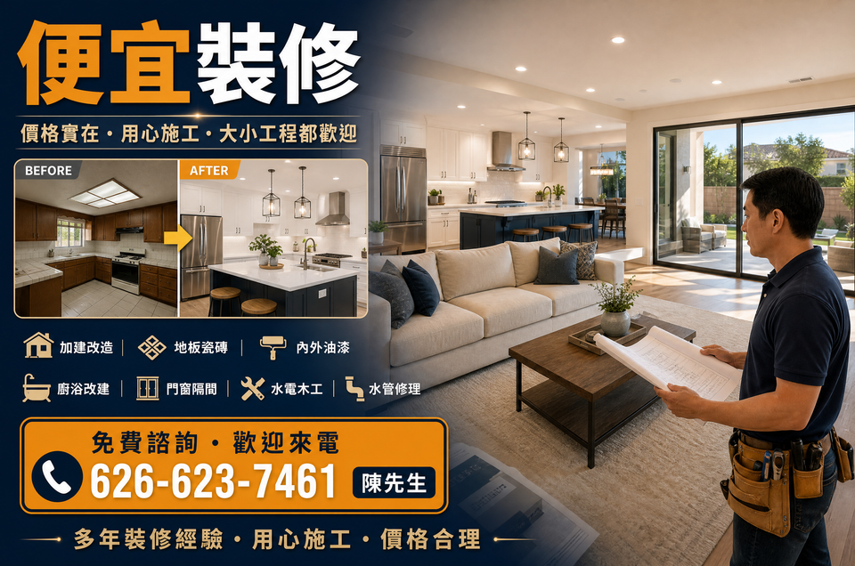 便宜裝修陳先生｜南加州房屋裝修、廚浴改建、油漆、地板、水電木工服務