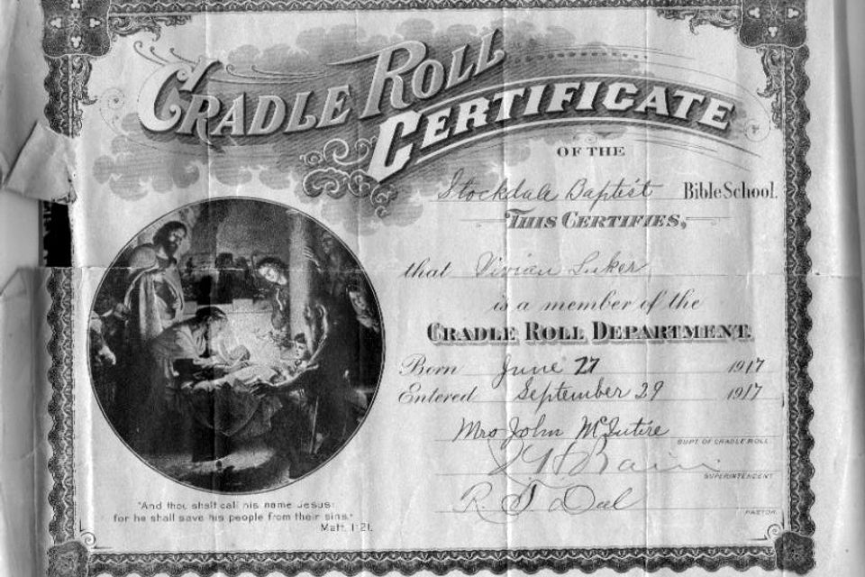 Vivian luker cradle roll certificate first baptist church
