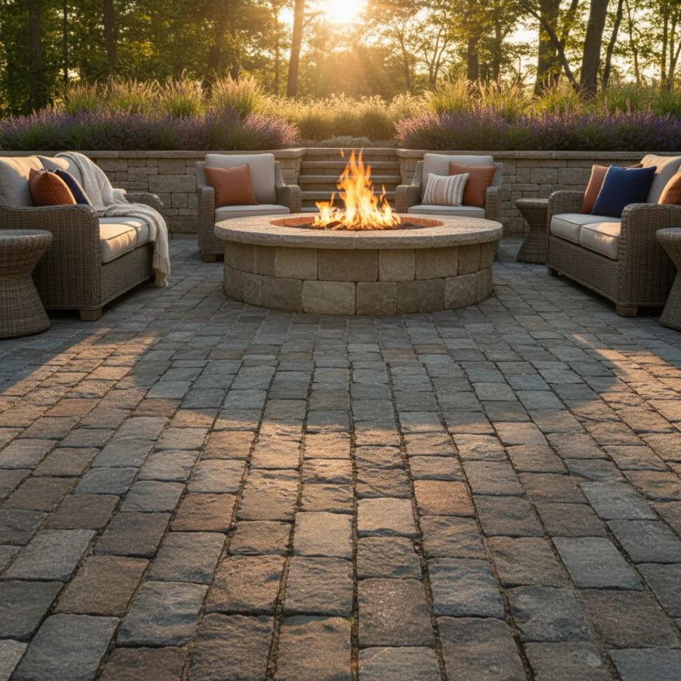 Backyard paver patio design with round stone fire pit kit and seating wall