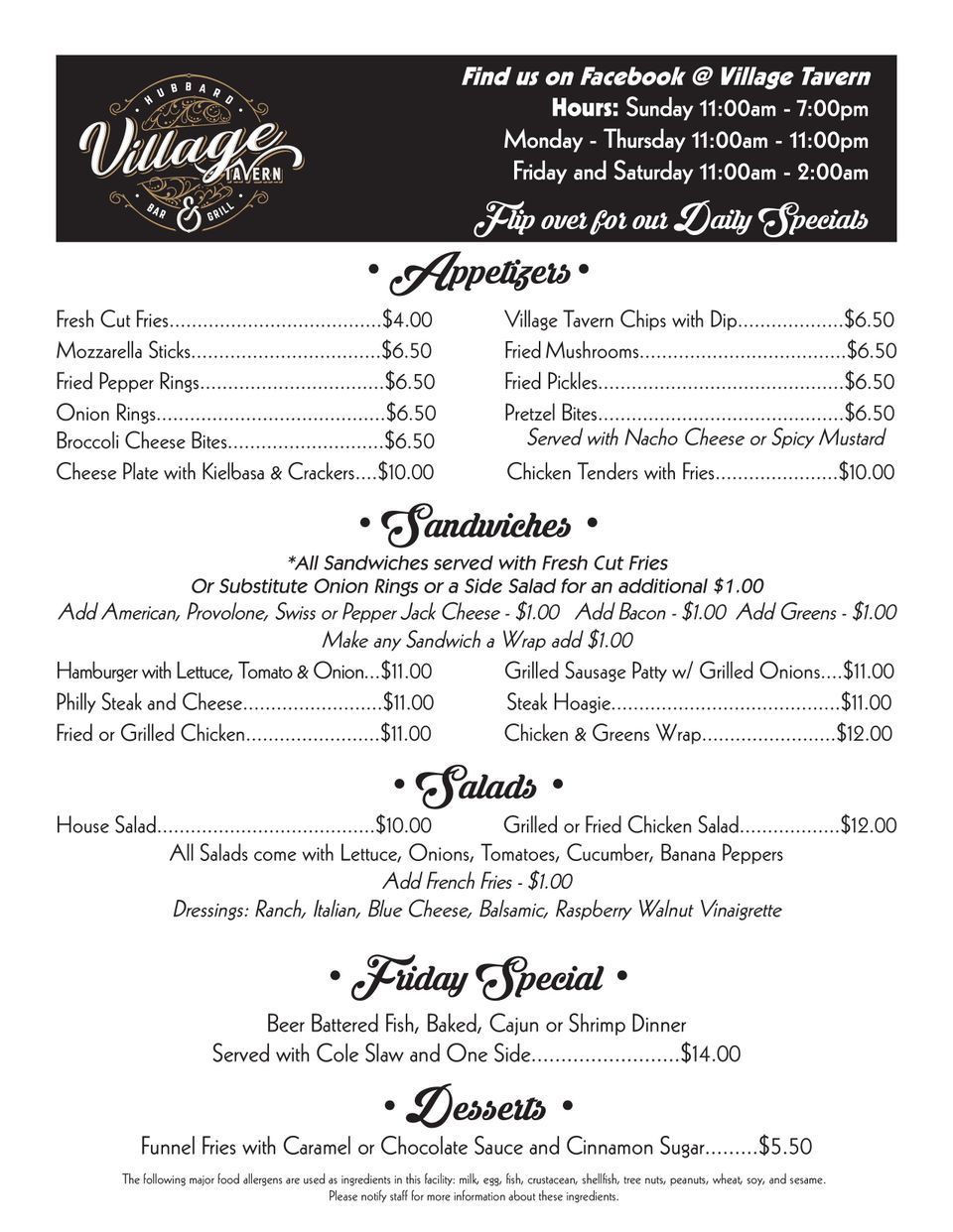 Village Tavern Menu