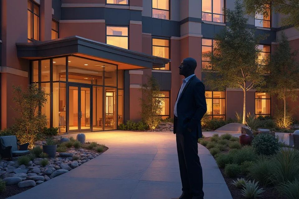 A 4k photo-realistic image of Ted London infront of the Senior Housing Development Project A 4k photo-realistic image of Ted London infront of the Senior Housing Development Project