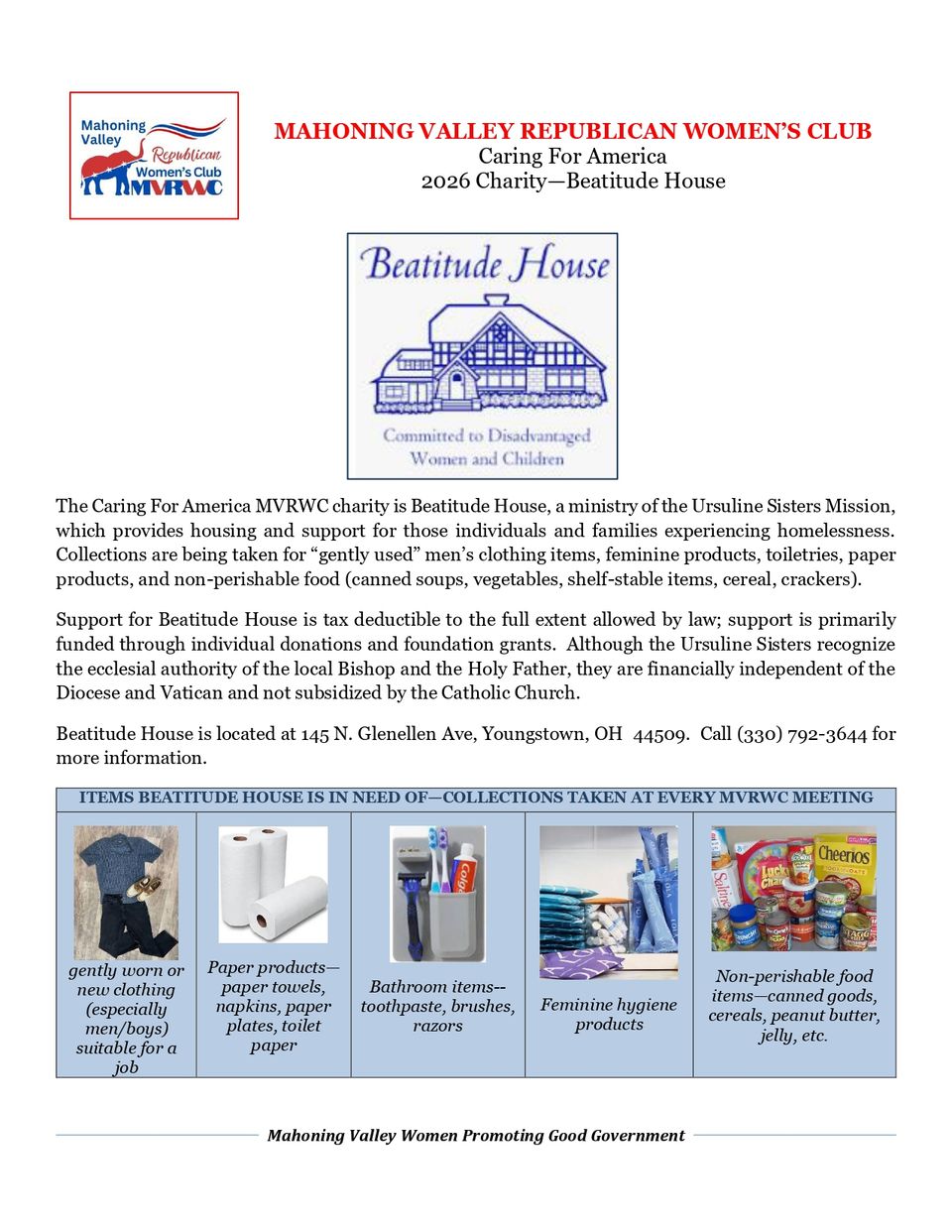 Beatitude House charity flyer highlighting needed donations of clothing, feminine hygiene products, toiletries, paper products, and non-perishable food items.