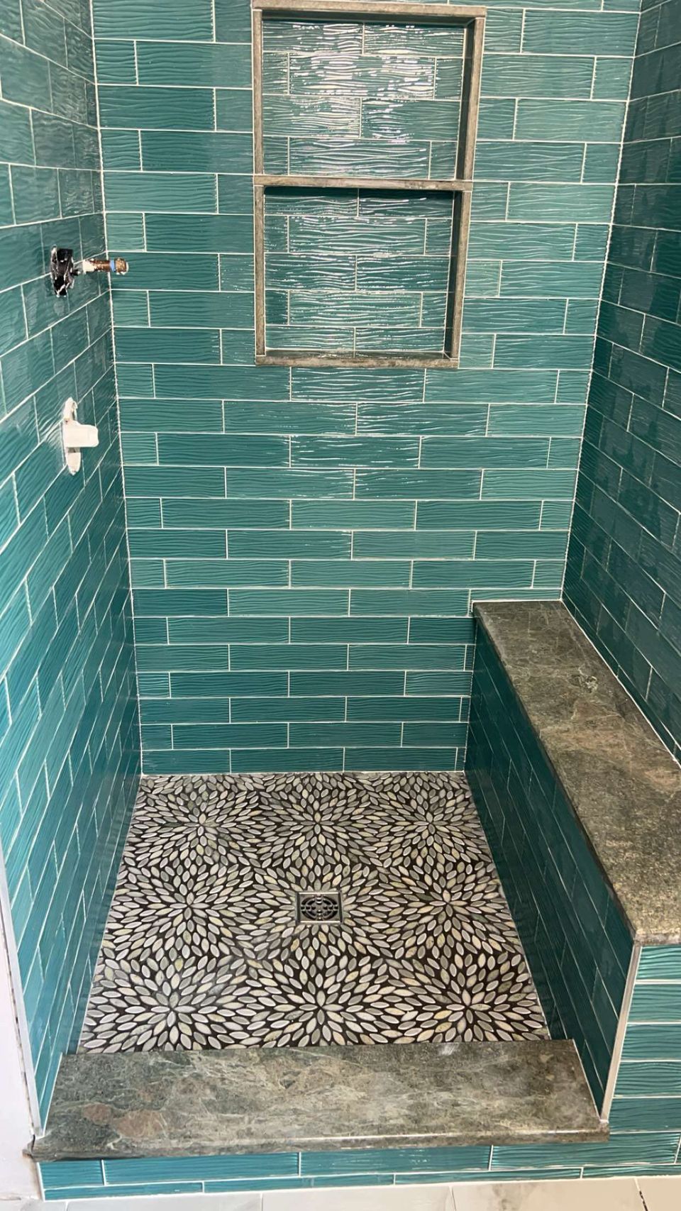 Pearce photo blue green brick tile shower w bench