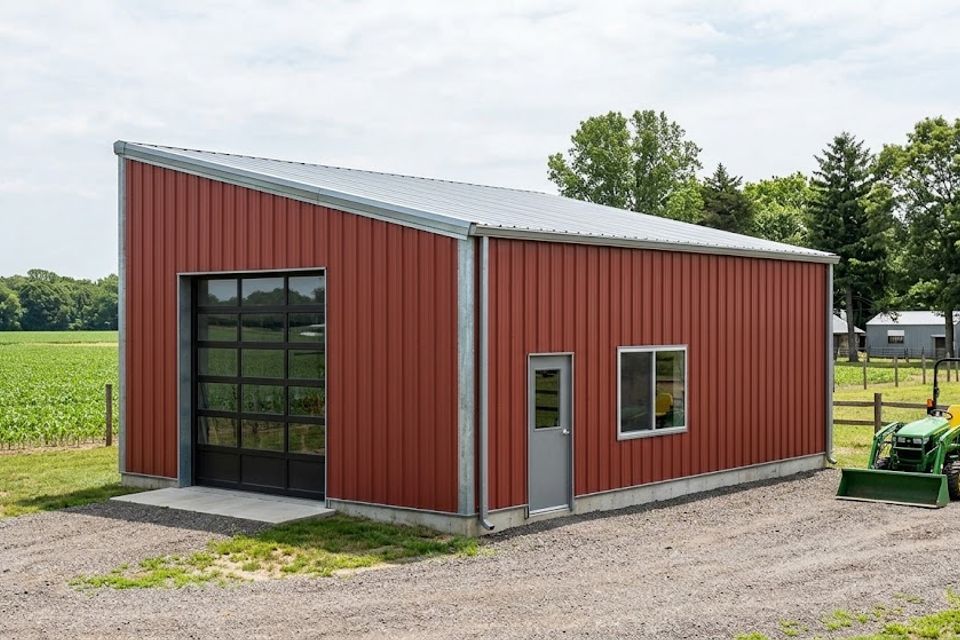 Red single slope steel building with glass garage door on a Knoxville TN farm property