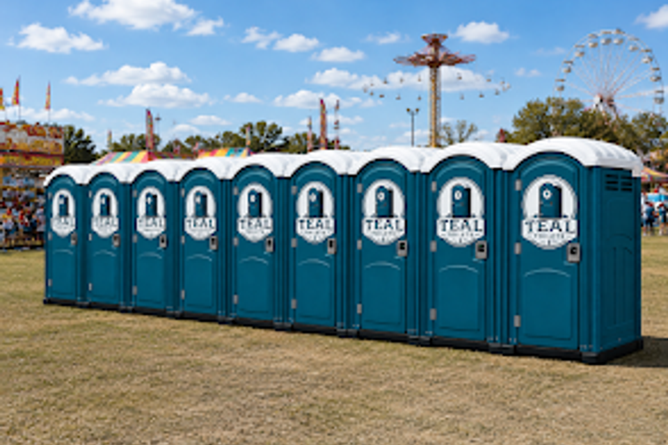 Teal Toilets at a festival with a Ferris wheel in the back drop