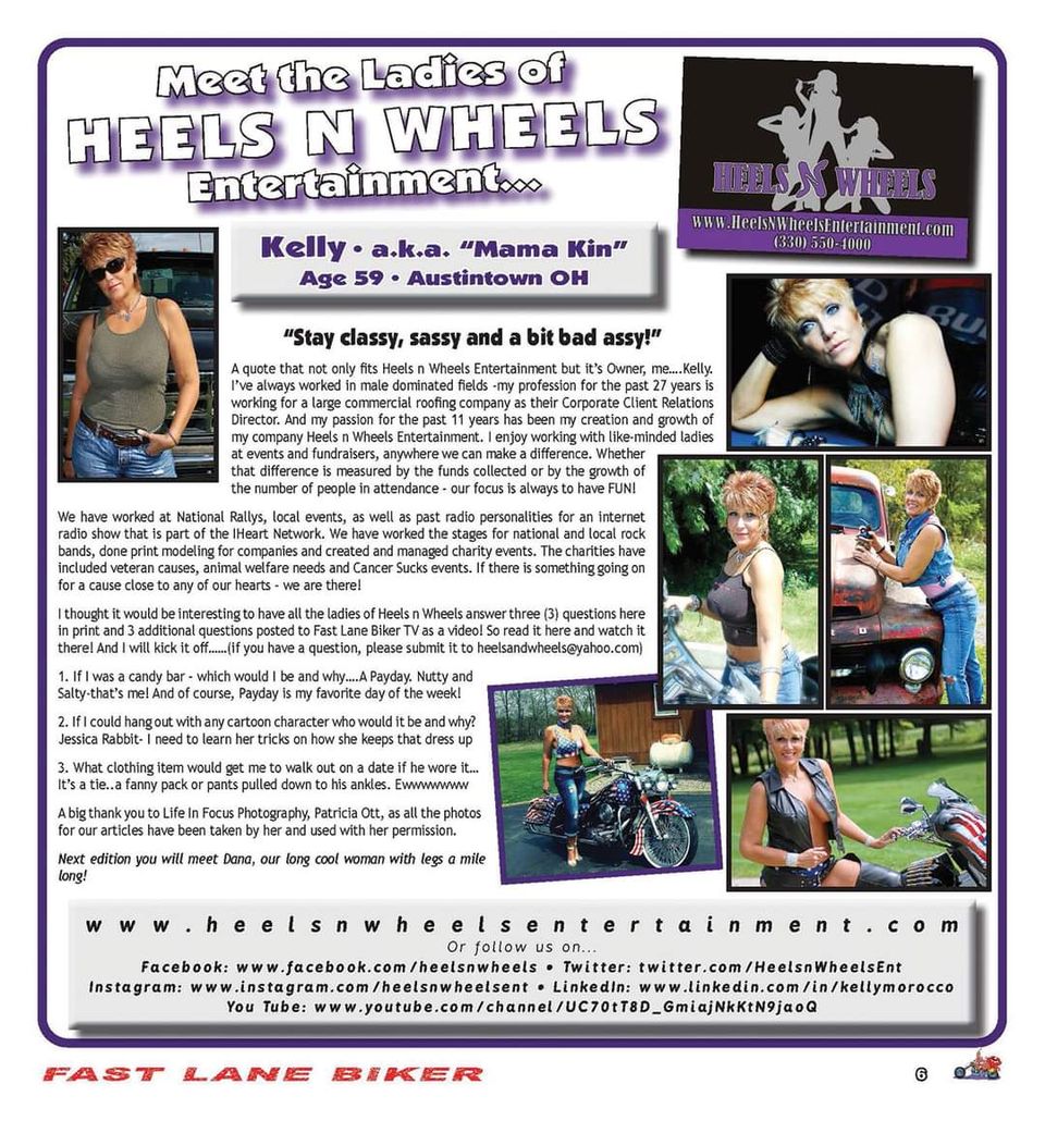 Member profile page featuring a Heels N Wheels Entertainment member with photos, biography, and community involvement highlights.