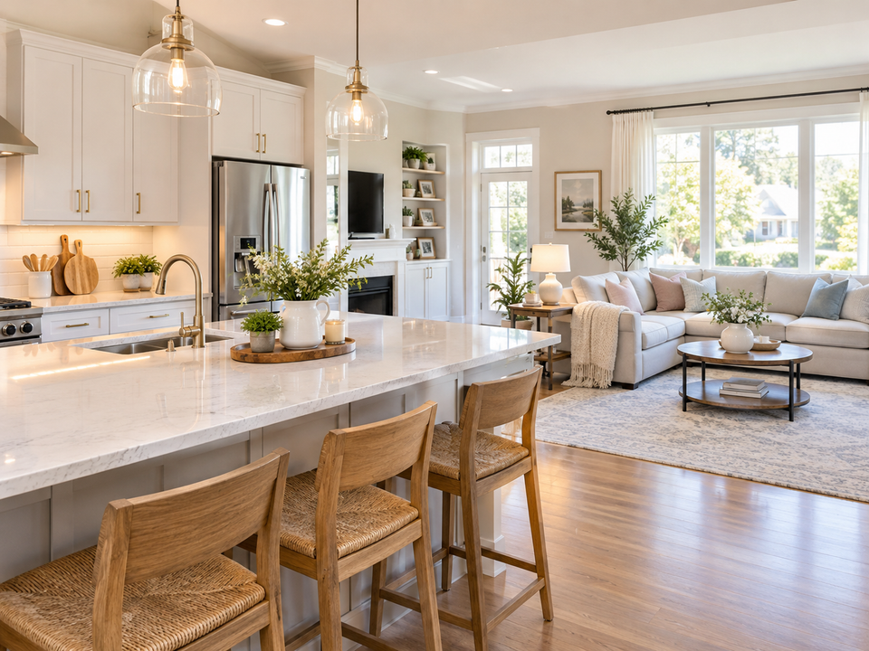 Bright, freshly cleaned open-concept kitchen and living room in a modern home